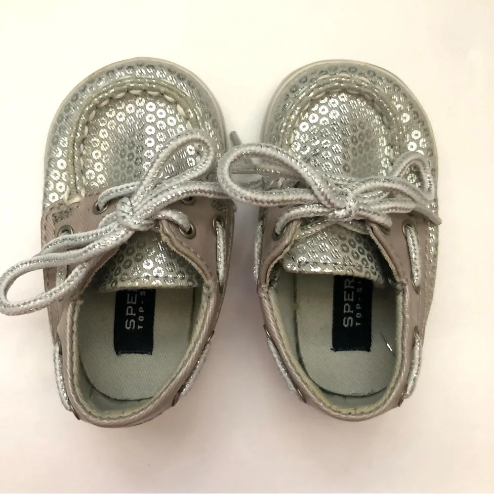 Sperry Topsider Faux Silver Sequin Lace Up Bahama Crib Jr Boat Shoes Baby US 1 M